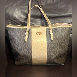 Michael Kors Brown Tote with Gold Center Stripe and Matching Wristlet